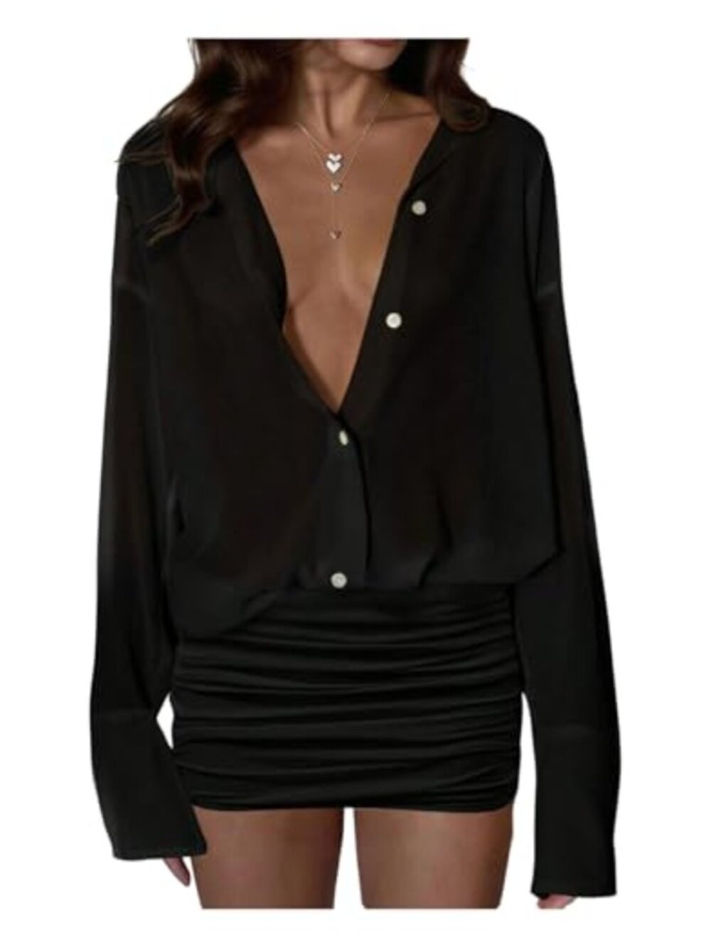 SHENHE Sheer Button Up Long Sleeve Bodycon Mini Shirt Dress